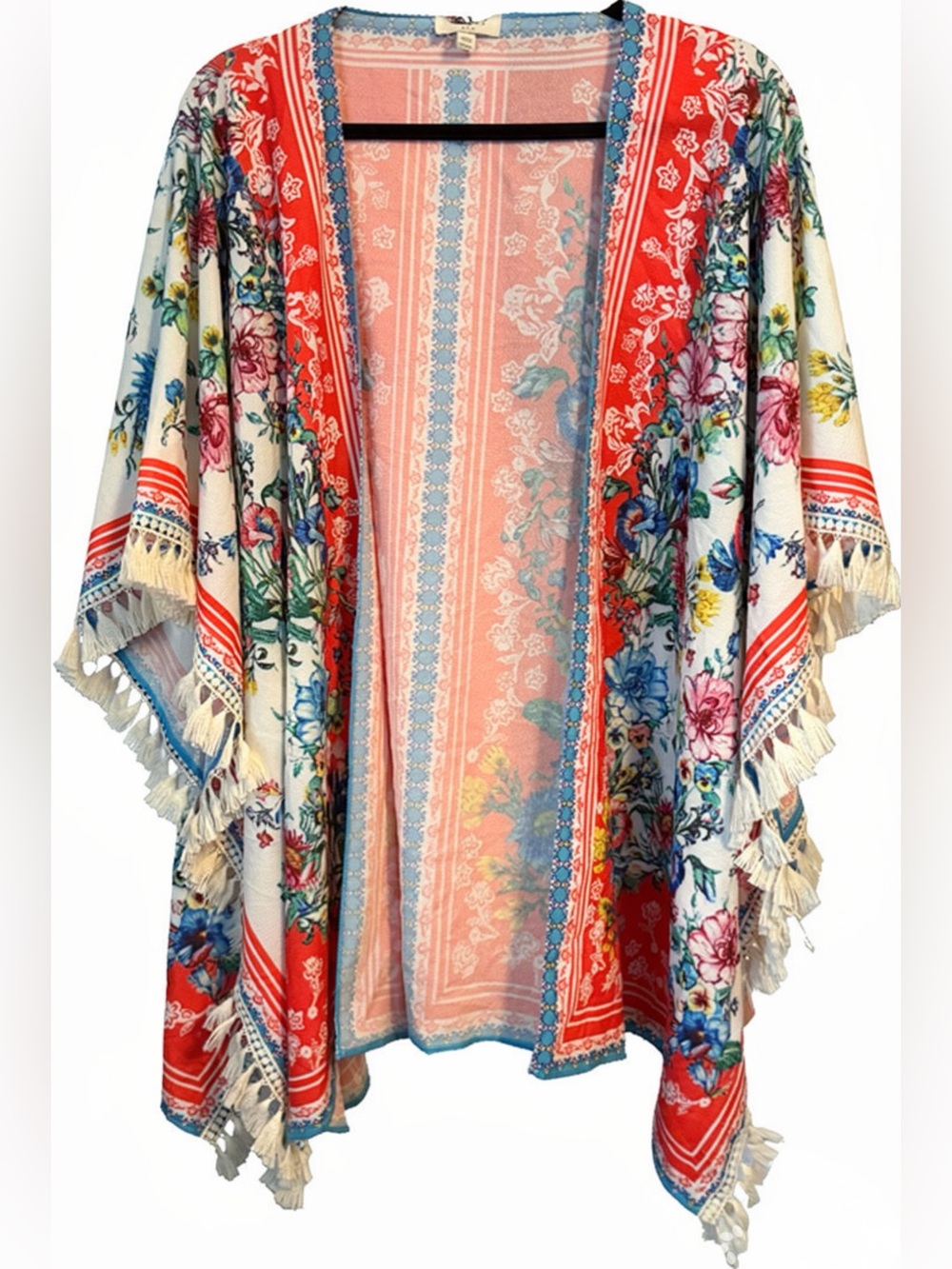 Umgee- Boho Border Print Fringe Hem Floral Open Front Kimono- S/M
